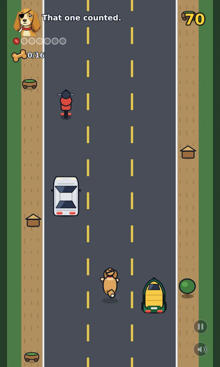 Bea Dodges Traffic: a top-down road with traffic, a dog steering between lanes.