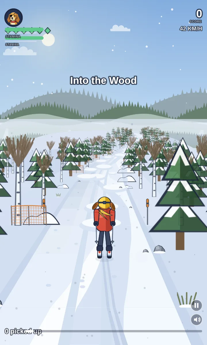 Bea Goes Skiing: a cross-country trail winding into snowy woods.