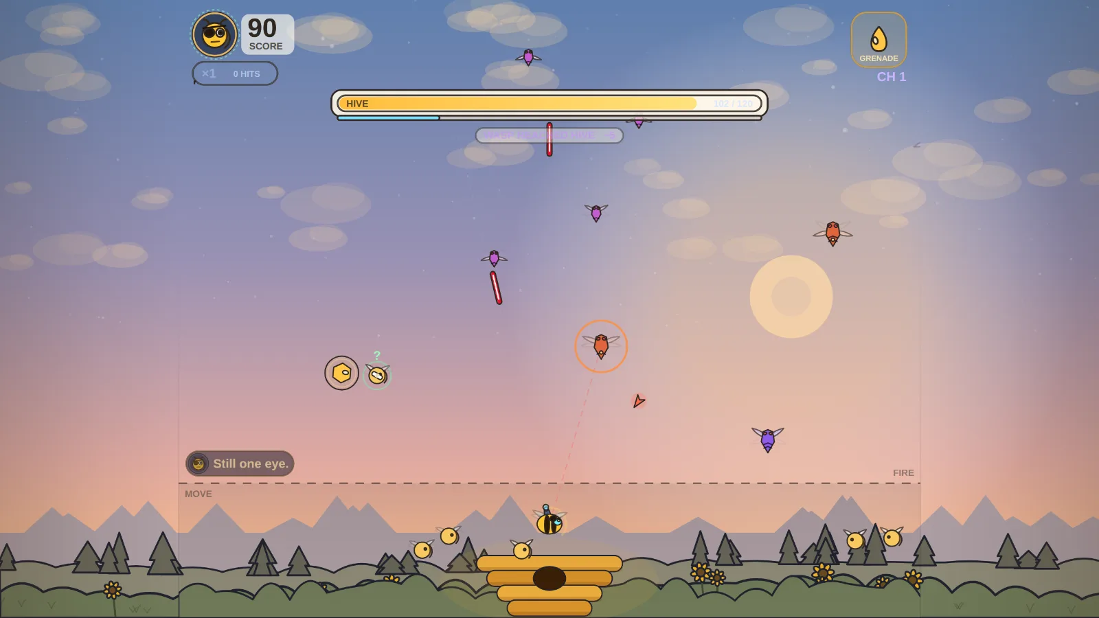 Laser Bee: Hive Defense gameplay: a bee defends its hive from wasps at sunset.